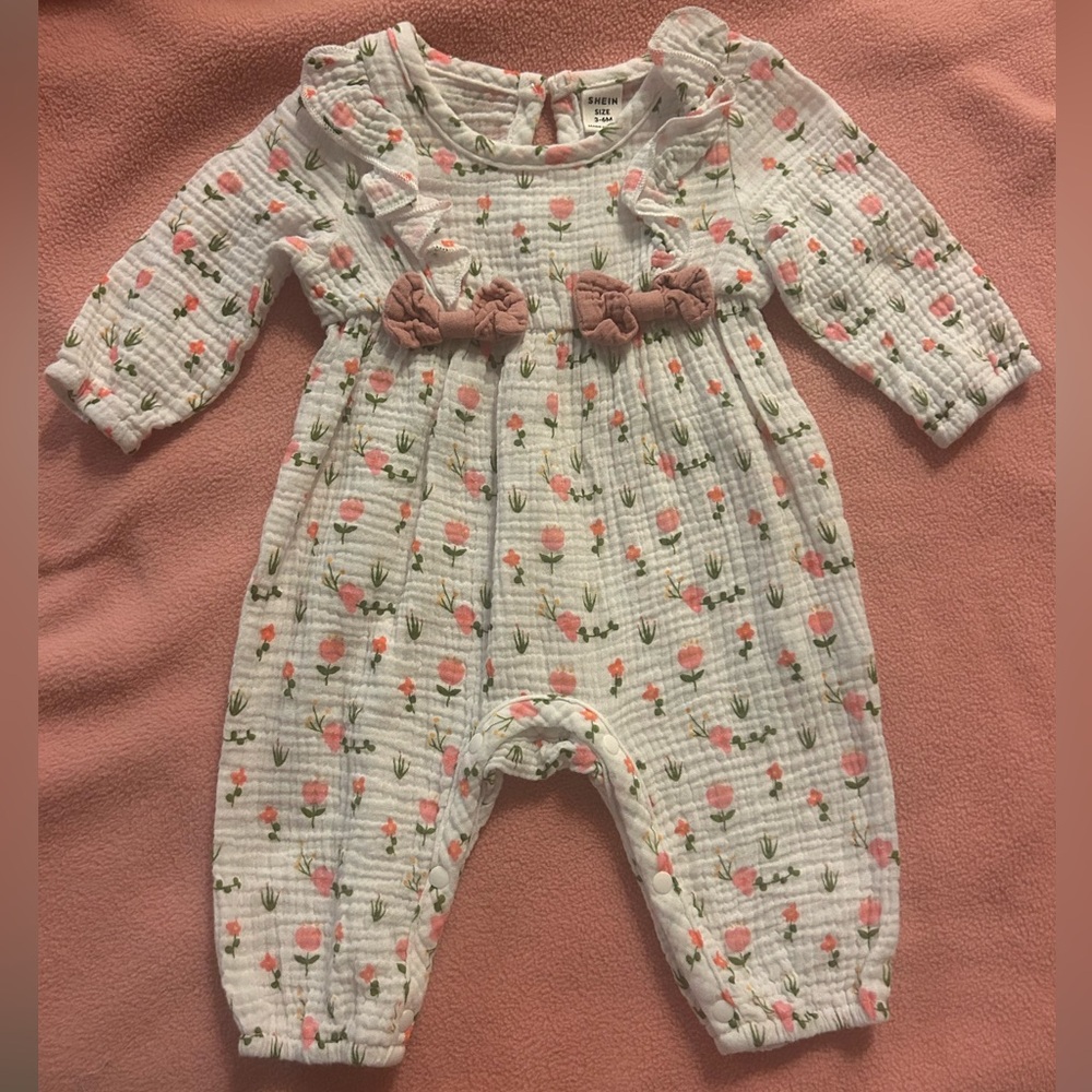 SHEIN White Baby Romper with Pink Floral Print